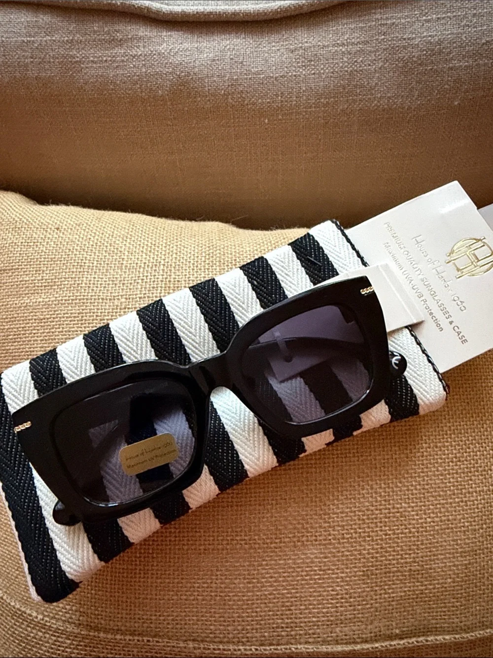 House of Harlow 1960 Black Sunglasses w/ Gold Accent & Striped Case